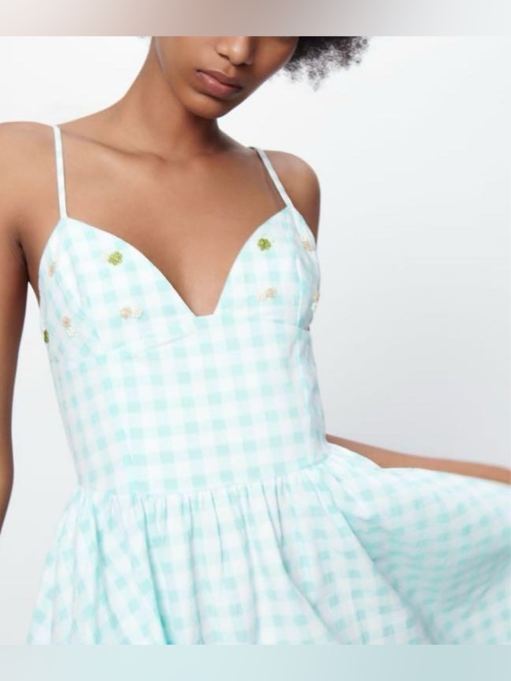 Zara Gingham Floral Embellished Mini Dress Cottagecore Coquette Size M - Picture 3 of 6